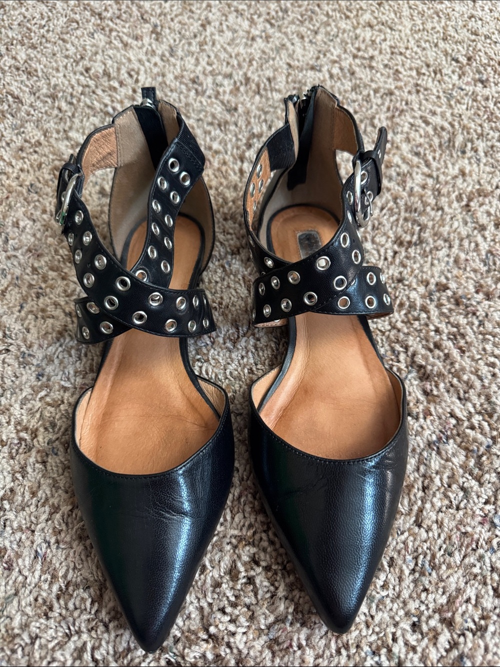 Halogen Black Pointed-Toe Flats with Grommet Ankle Straps